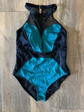 Adore Me Swimsuit Womens 1XL Black Teal One Piece Mesh Panel Ruched Plus Size